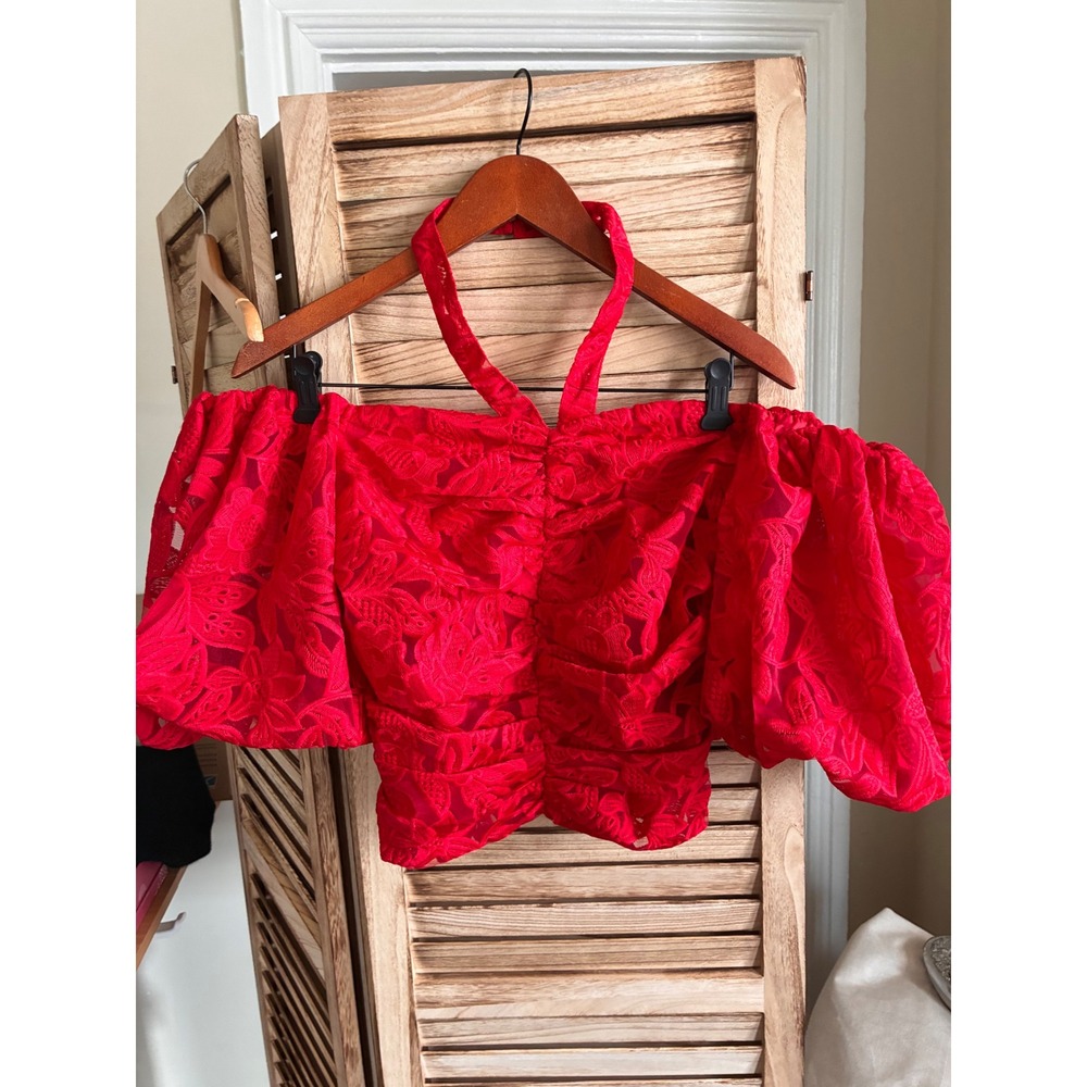 Venus Red Lace Halter Off Shoulder Puff Sleeve Romantic Ruched Crop Top Size 8 - Picture 3 of 8